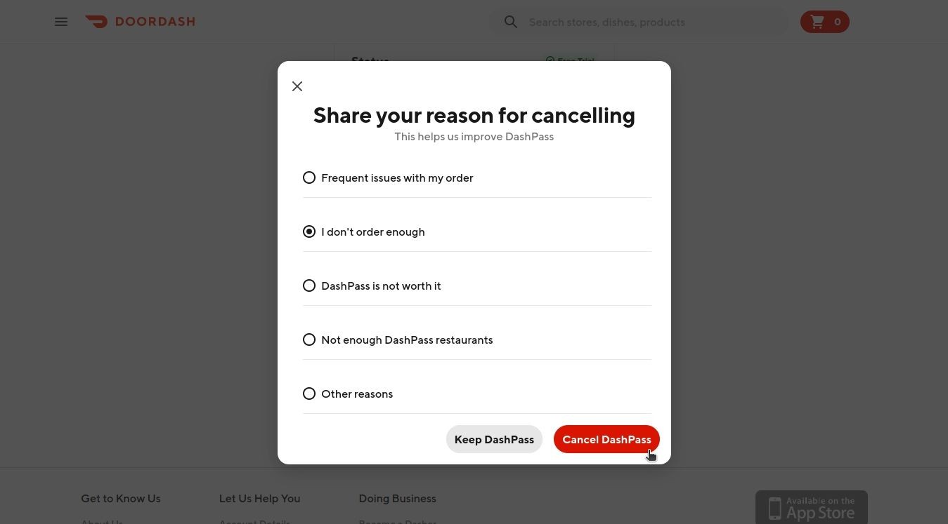 Hủy DashPass trên trang web DoorDash