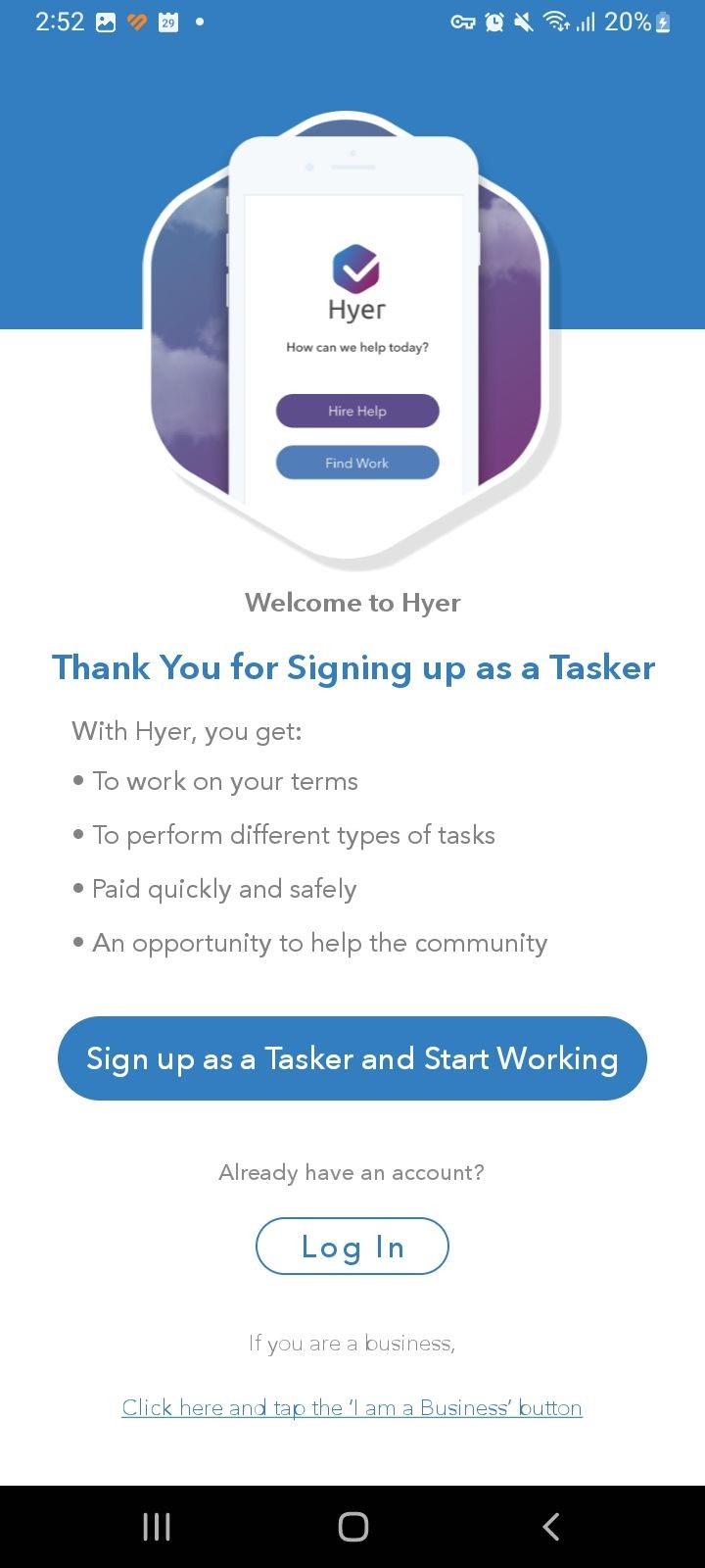 Hyer side job app log in screen