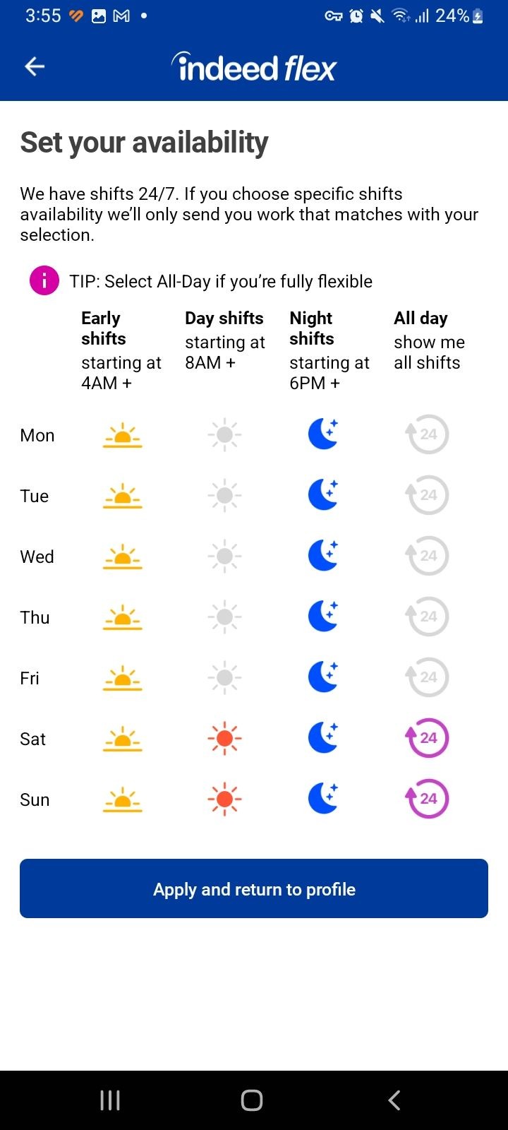 Indeed Flex app Set Your Availability Options page