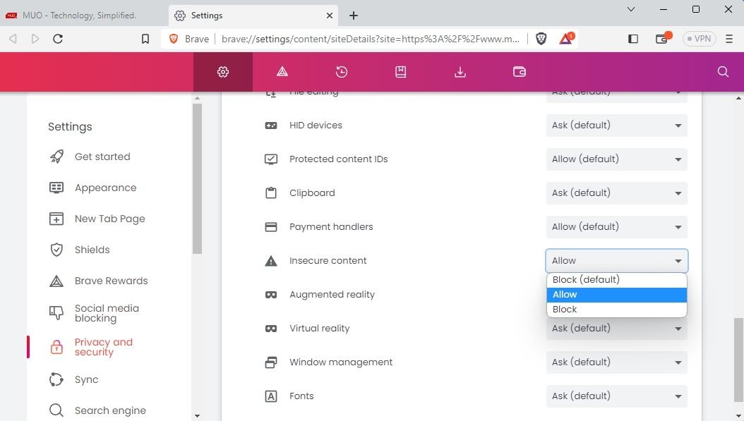 Insecure content option in Brave