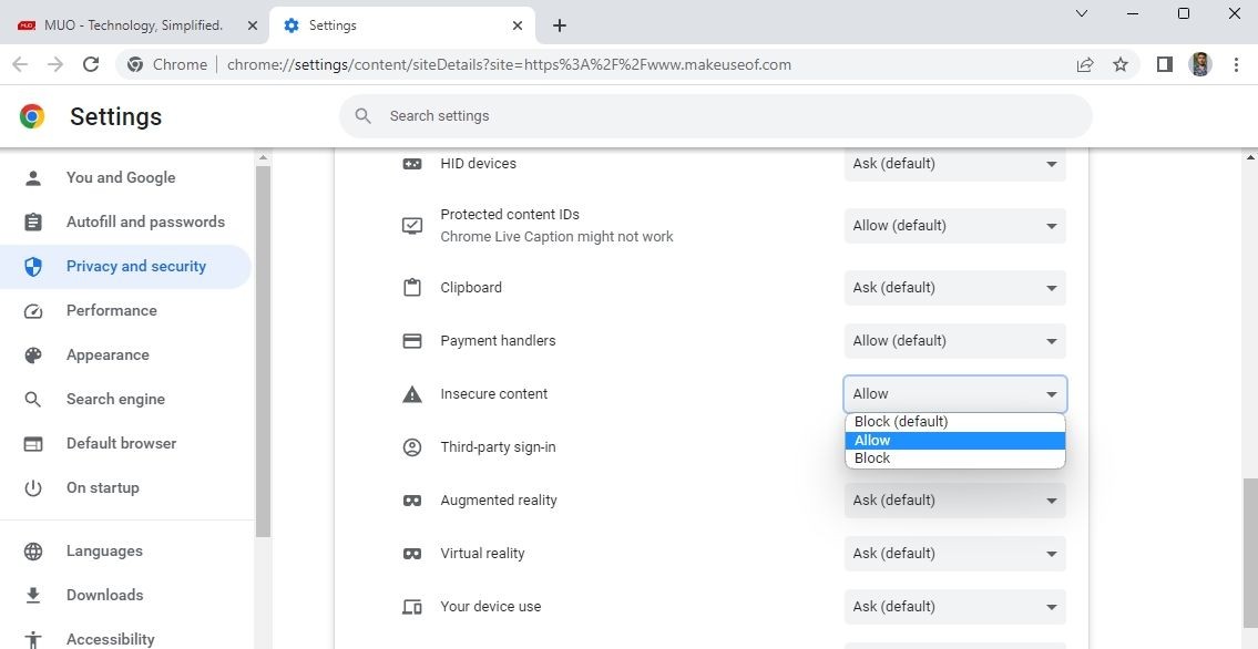 Insecure content option in Chrome