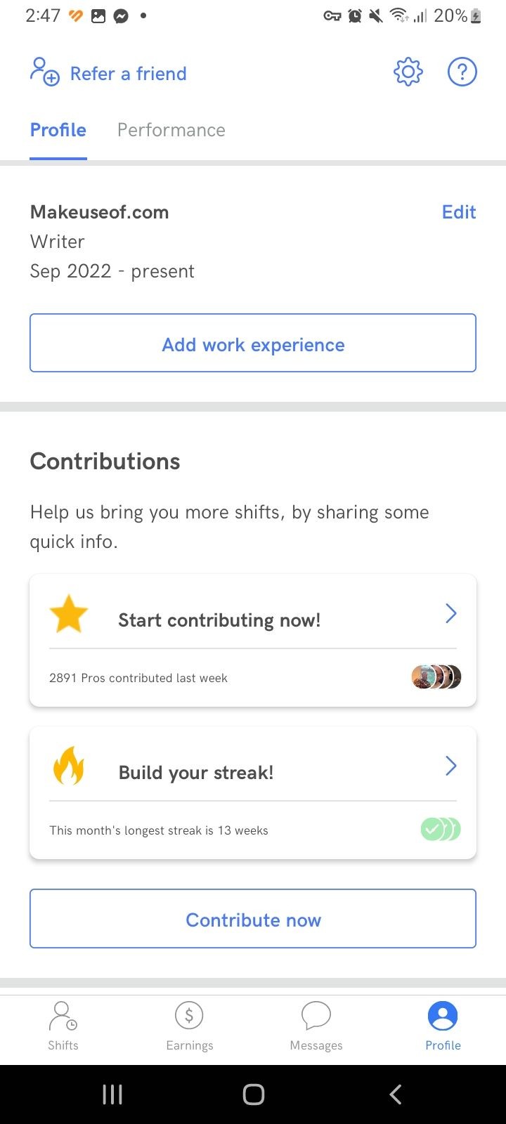 Instawork app profile page