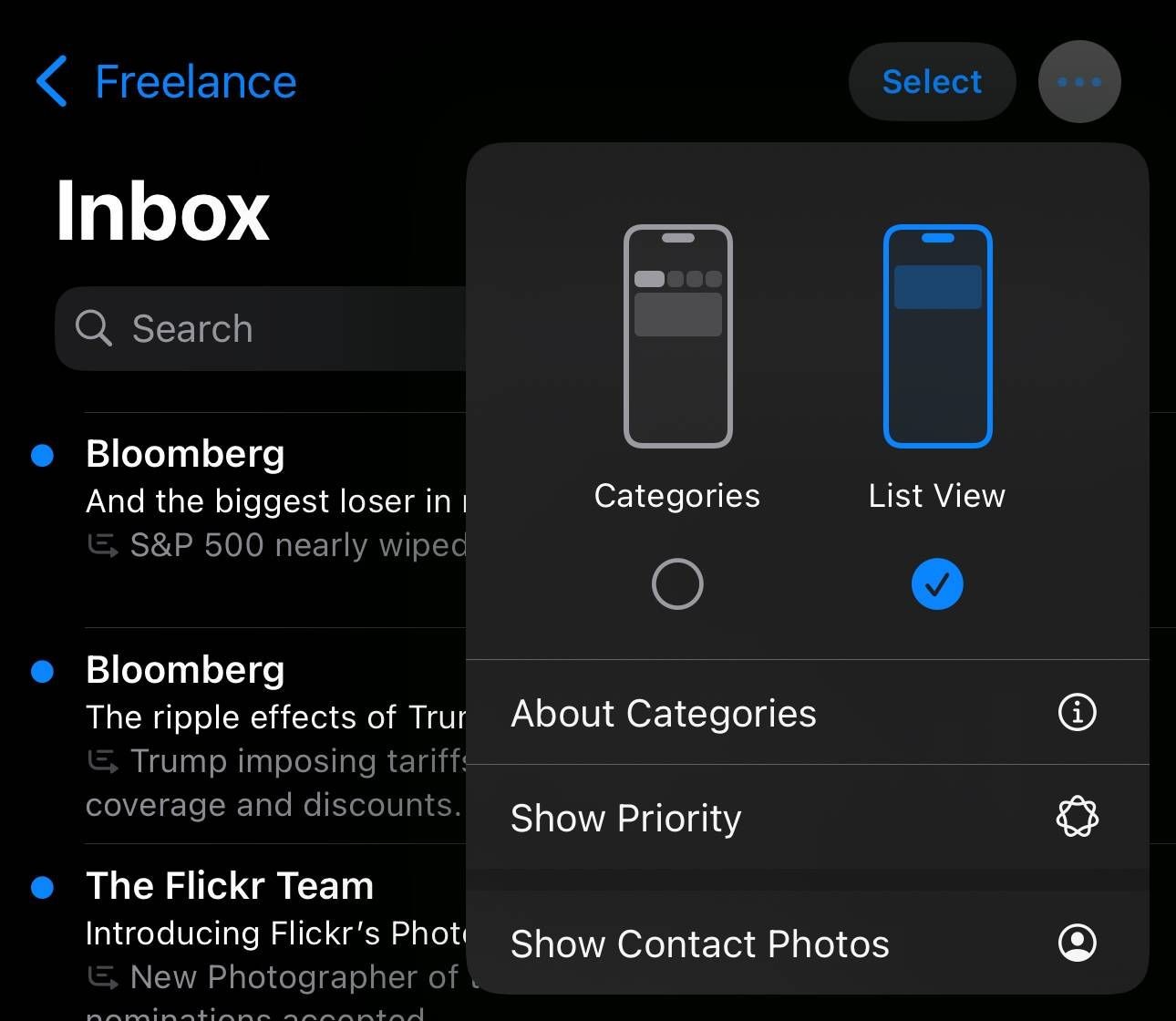 iOS Mail App in 18.5 beta 1 showing option to Show Contact Photos, Priority, and more
