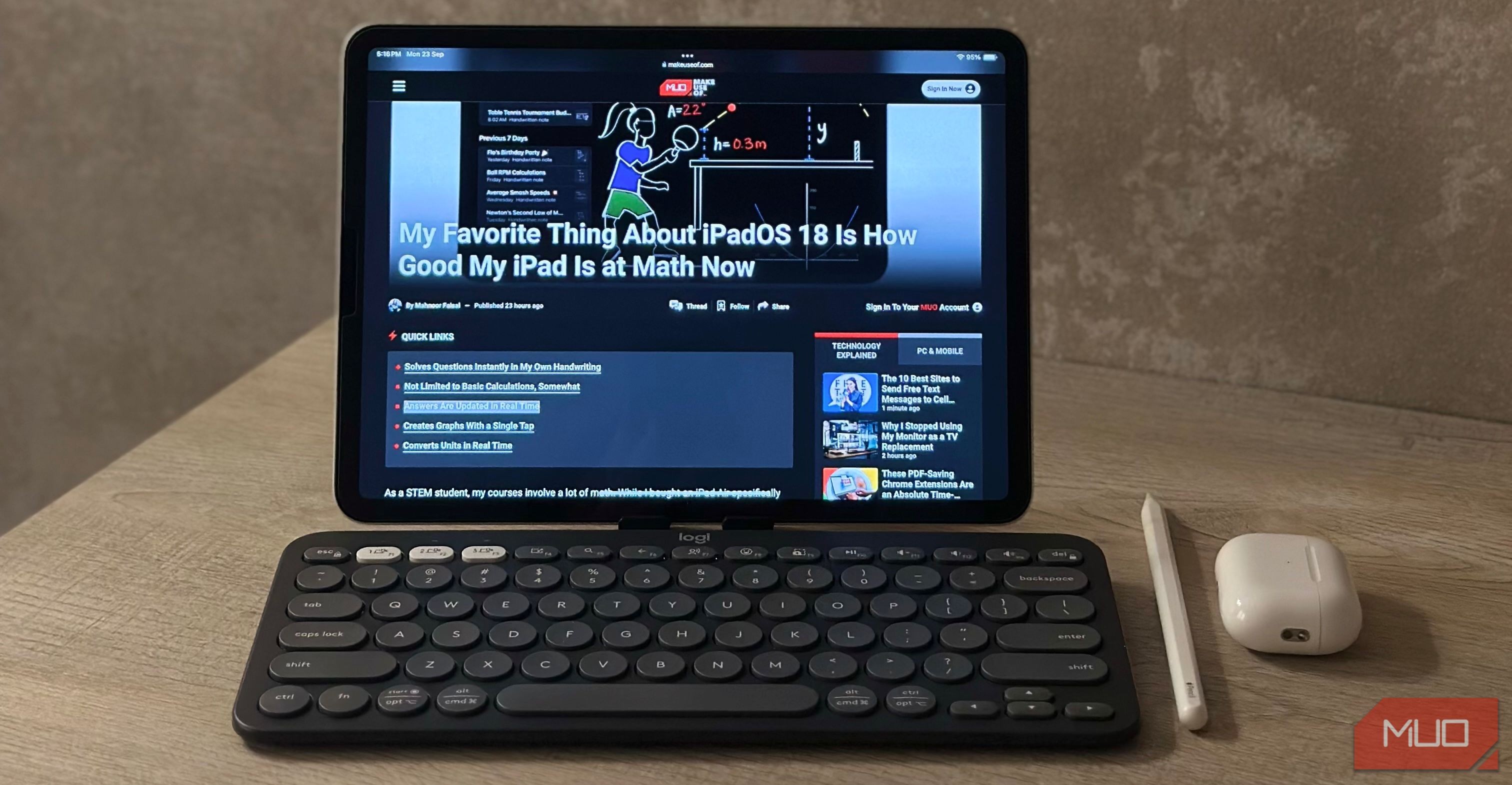 iPad cùng với Apple Pencil, bàn phím Logitech Pebble 2 và AirPods trên bàn