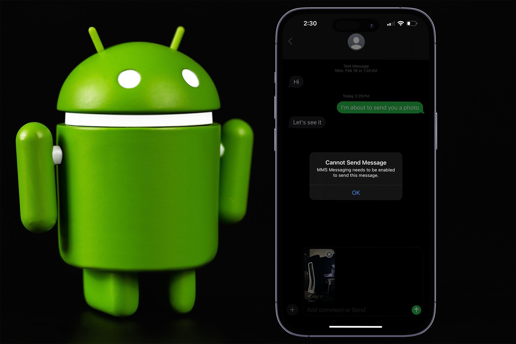 iPhone với ứng dụng Messages mở ra hiển thị lỗi Không Thể Gửi Tin Nhắn cùng với biểu tượng Android bên cạnh