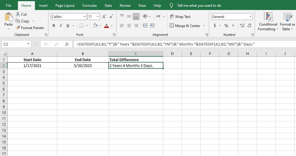 Kết hợp các hàm DATEDIF khác nhau vào một công thức Excel duy nhất