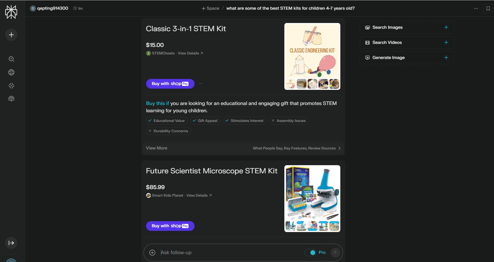 Kết quả tìm kiếm Bộ STEM từ Perplexity Shopping