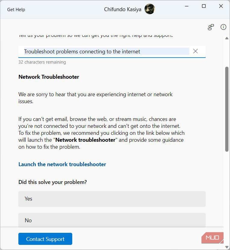 Kết quả tìm kiếm trong ứng dụng Get Help trên Windows