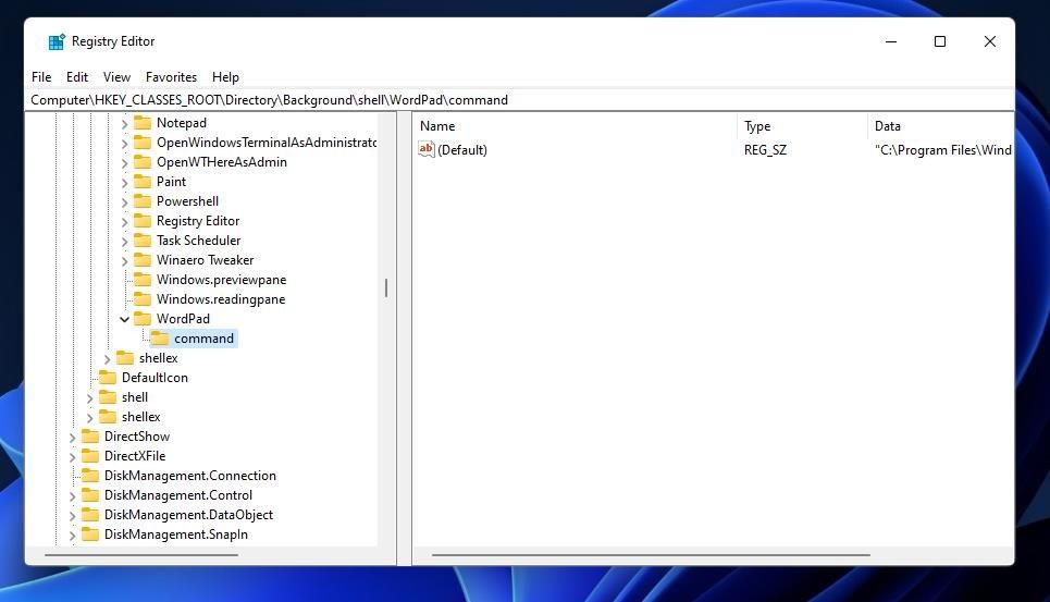 Khóa con command của WordPad