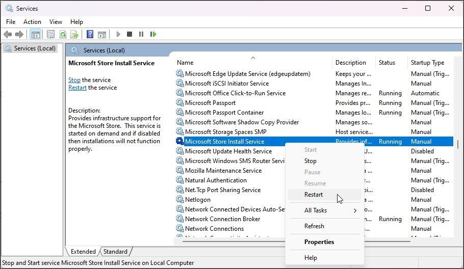Khởi động lại dịch vụ cài đặt Microsoft Store
