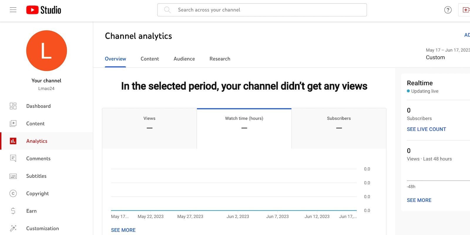 Không có lượt xem kênh trên bảng điều khiển YouTube Studio