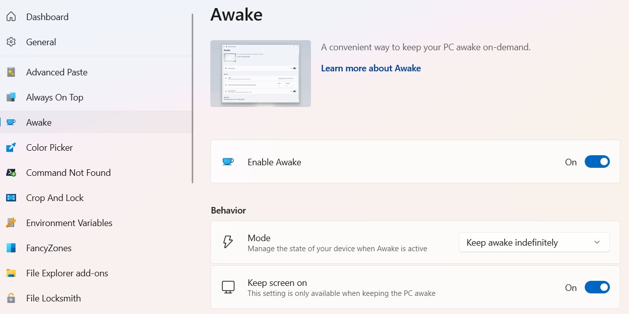 Kích hoạt tiện ích Awake trong PowerToys trên Windows