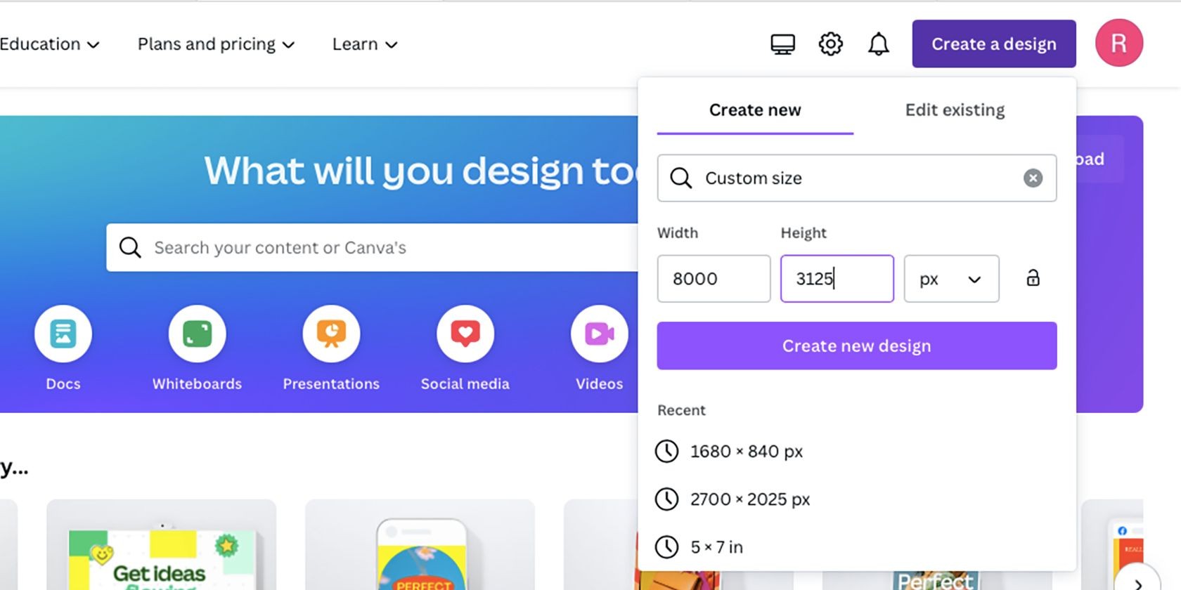 Kích thước tối đa của Canva