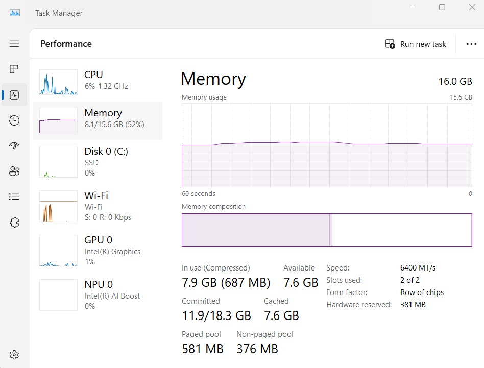 Kiểm tra bộ nhớ RAM bằng Task Manager