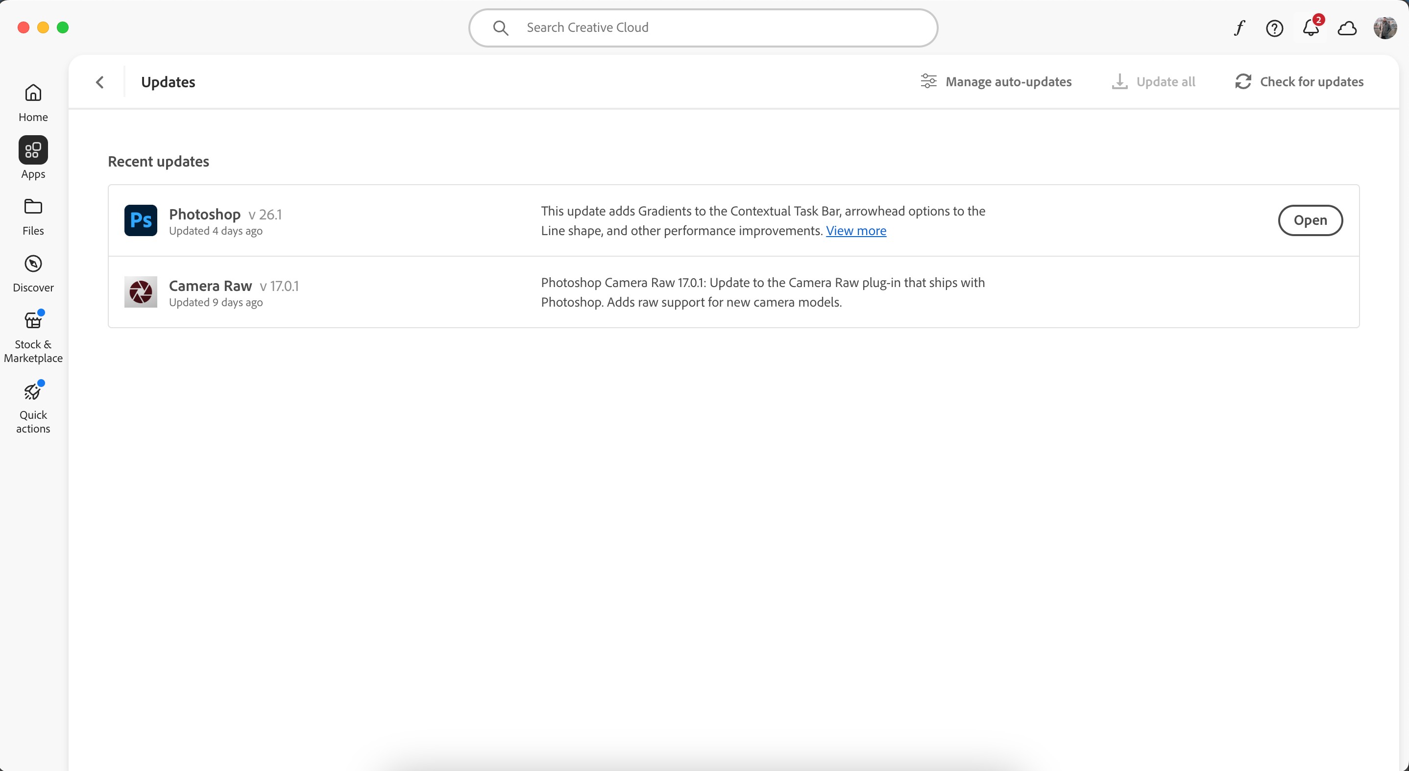 Kiểm tra cập nhật trong ứng dụng Adobe CC