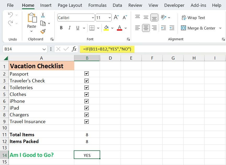 Kiểm tra tổng số mục trong danh sách kiểm tra Excel