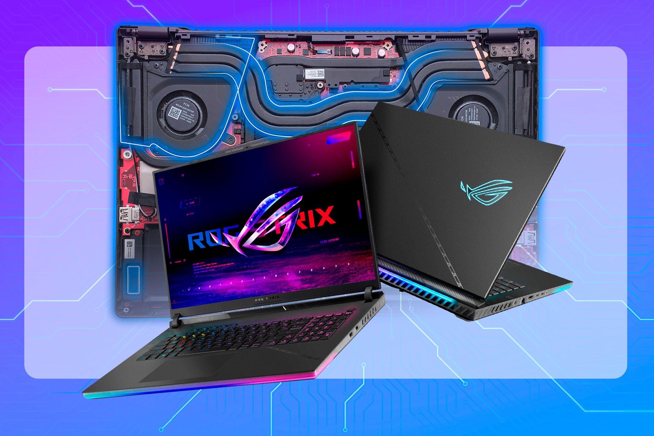 Laptop ASUS ROG với một số thành phần bên trong được làm nổi bật