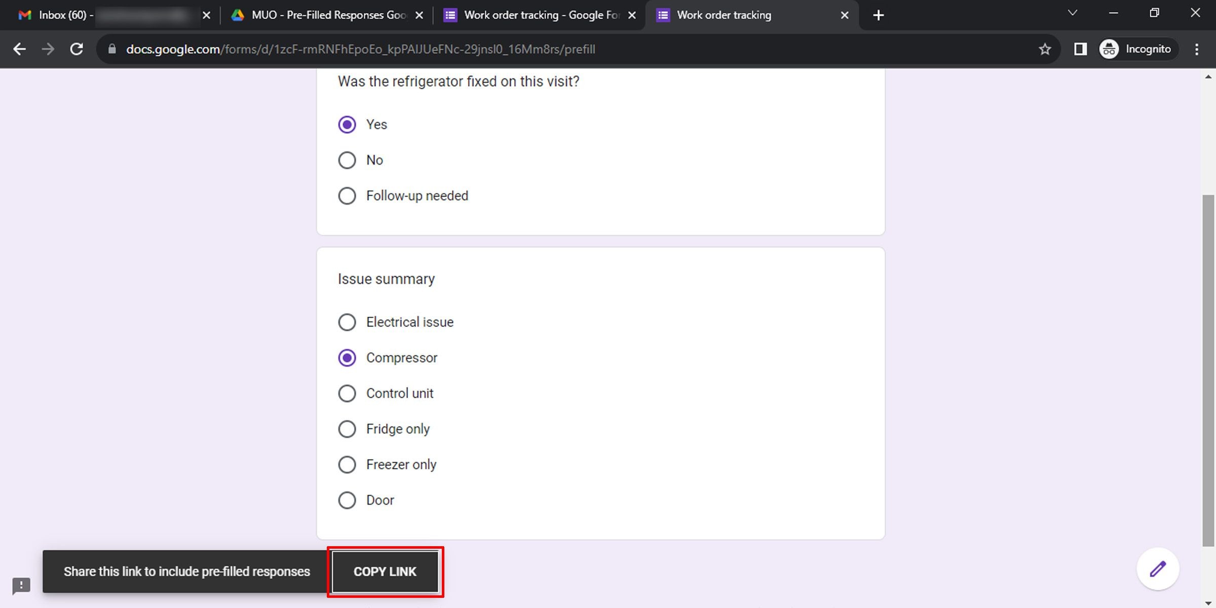 Lấy liên kết Google Form đã điền sẵn