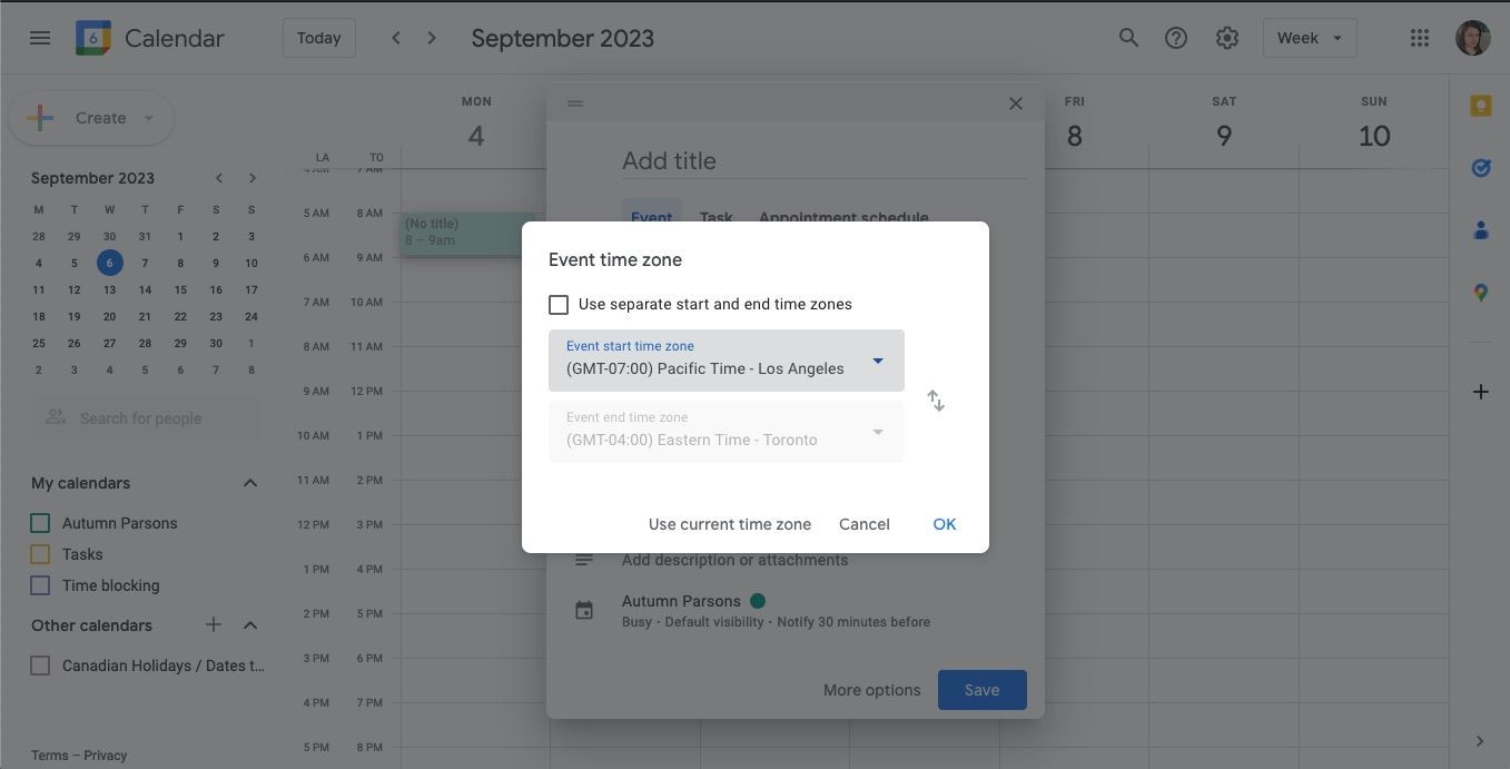 Lên lịch sự kiện ở múi giờ khác trong Google Calendar