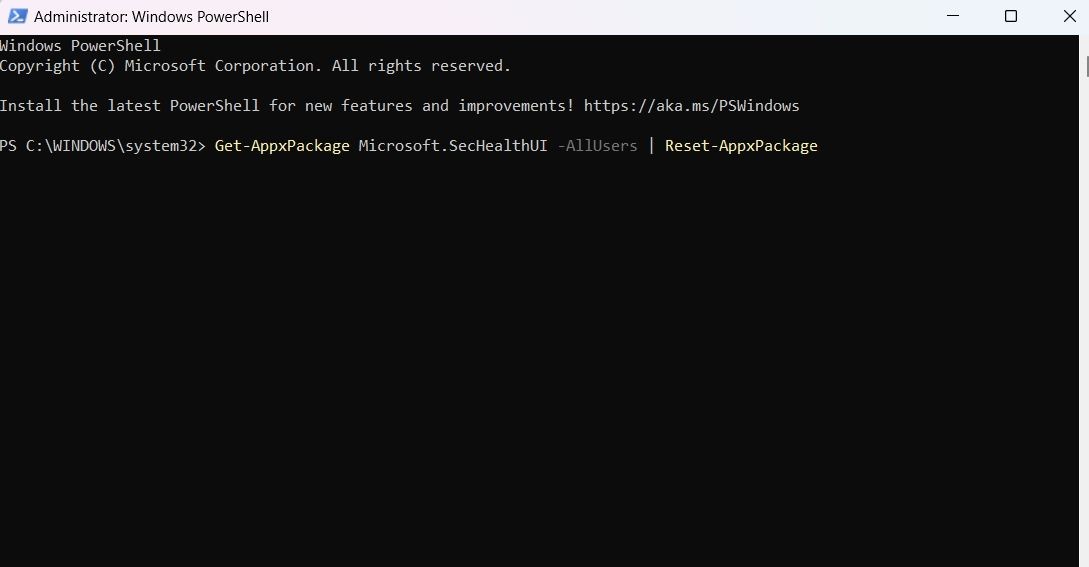 Lệnh đặt lại Windows Security trong Powershell
