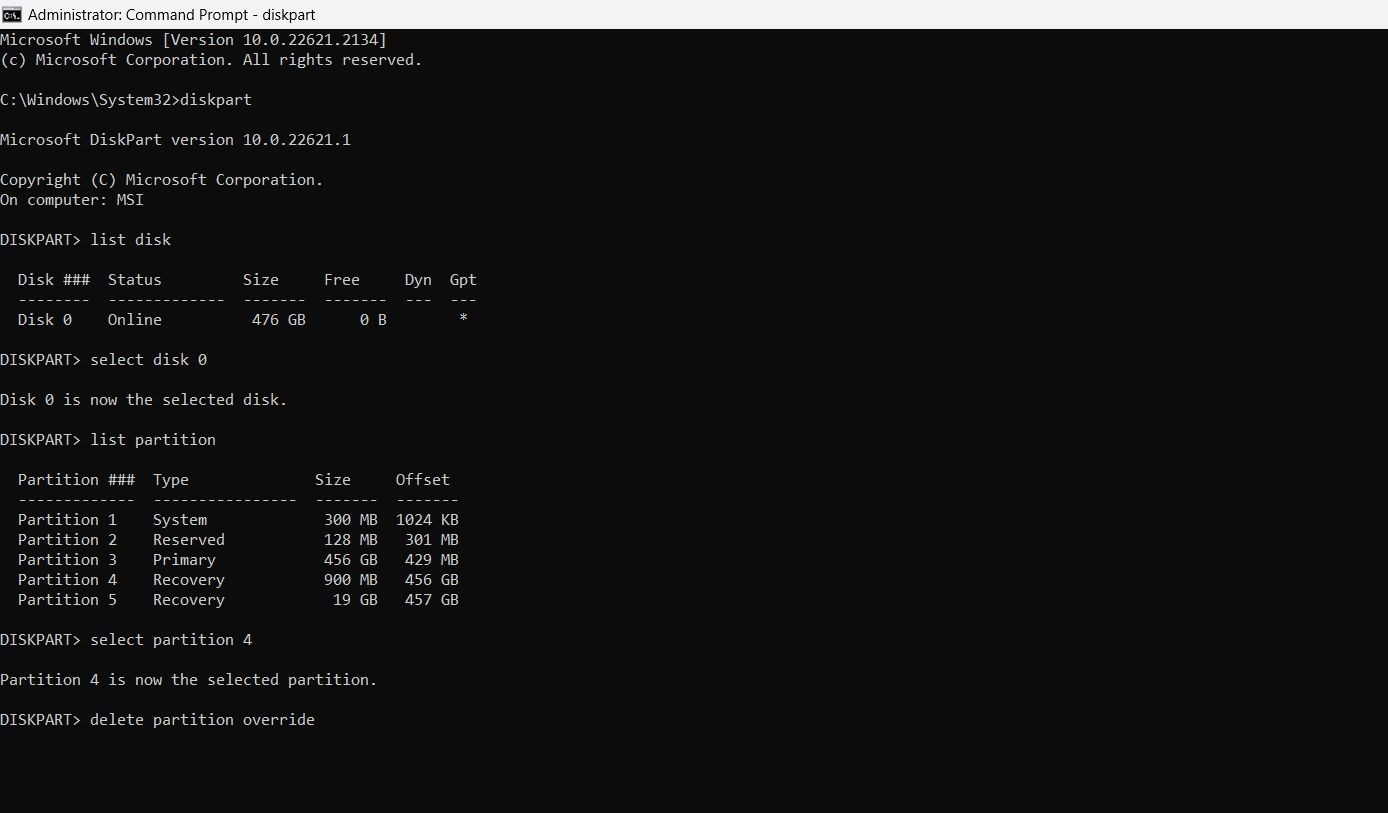 Lệnh delete partition override trong Command Prompt