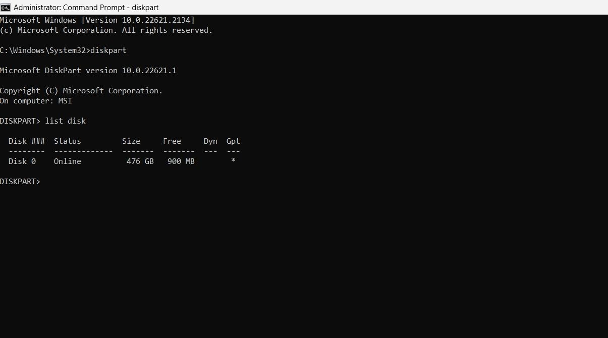 Lệnh list disk trong Command Prompt