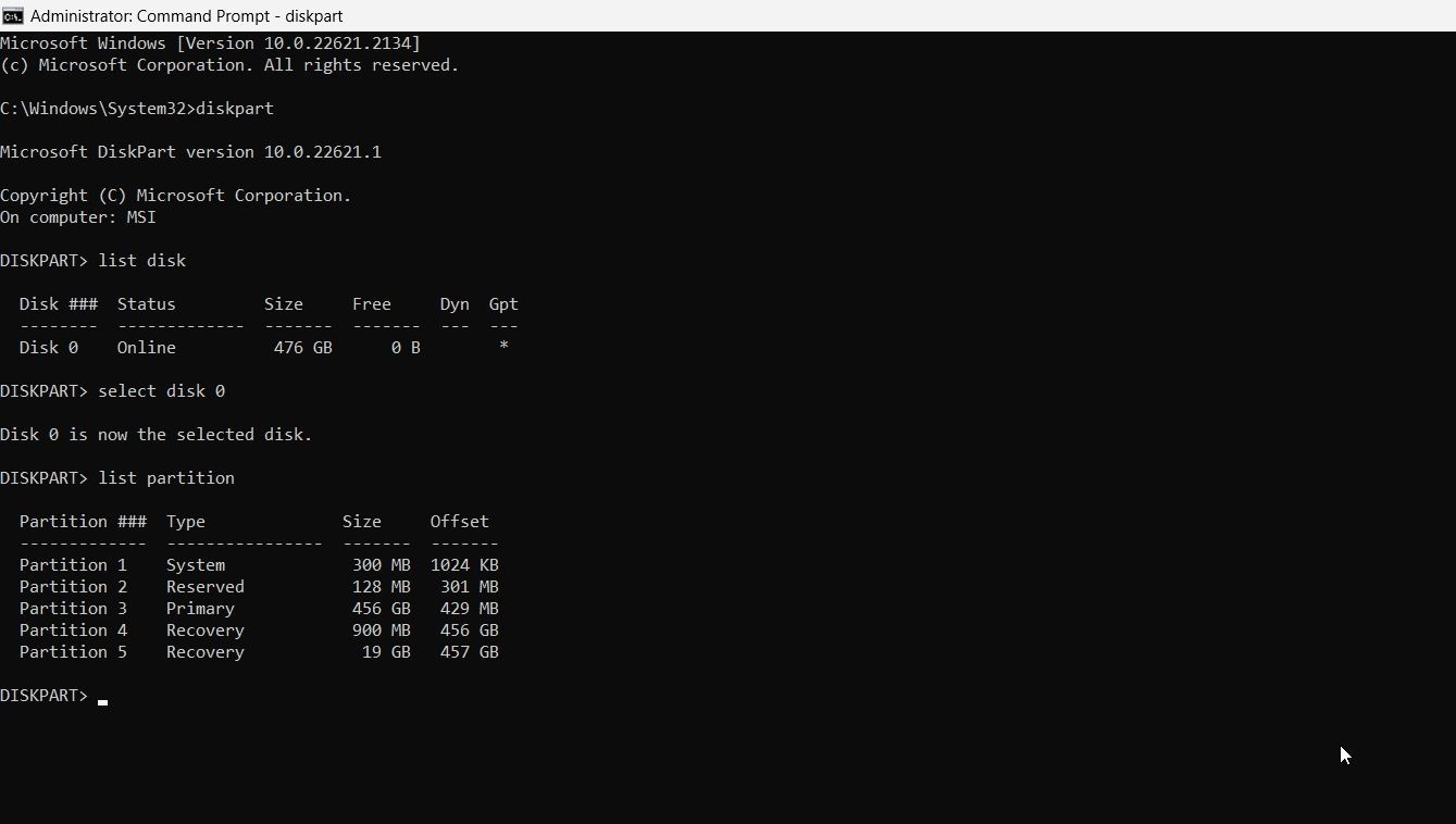Lệnh list partition trong Command Prompt