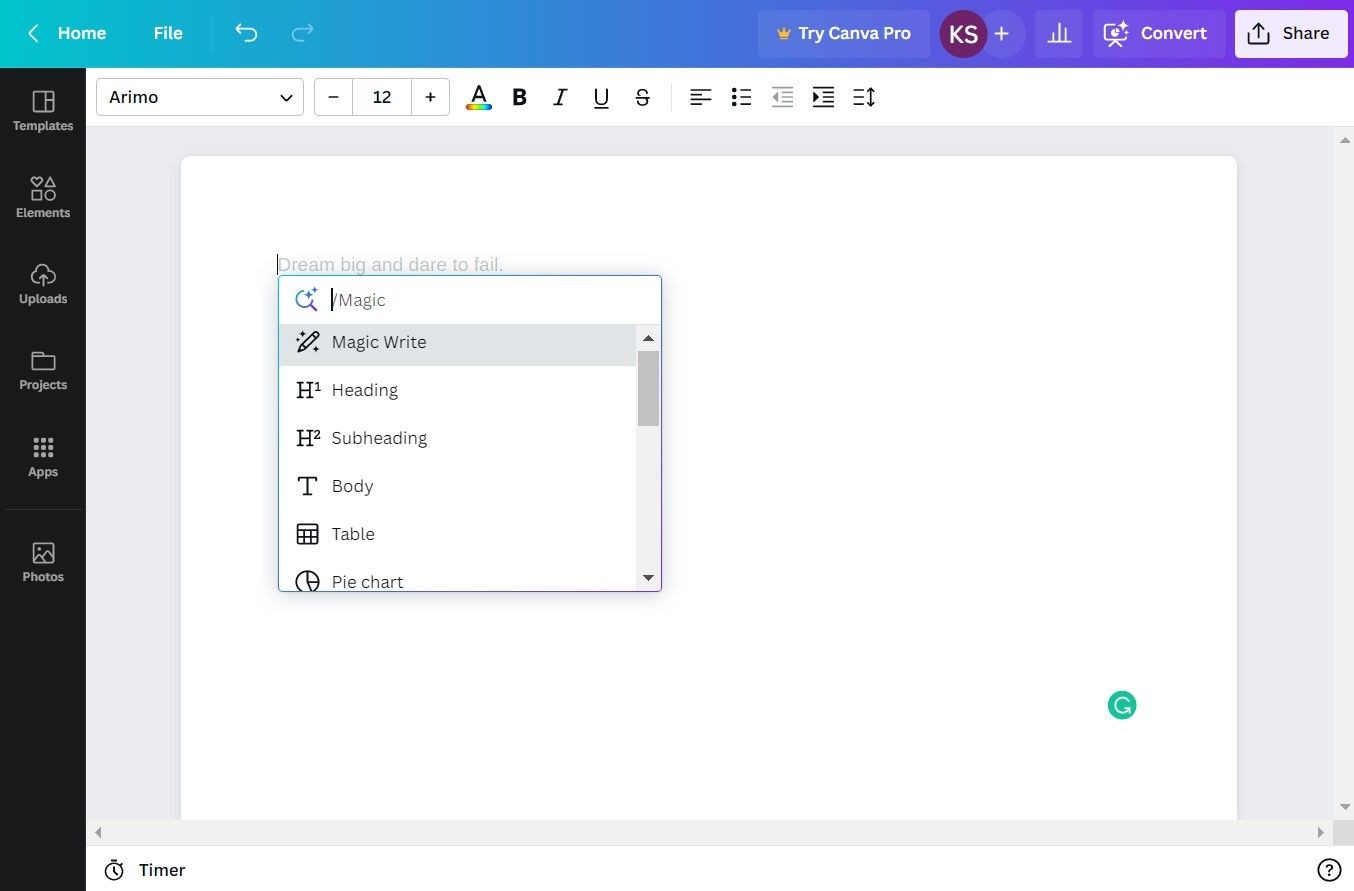 Lệnh ma thuật Canva Docs