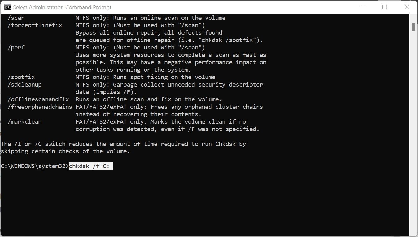 Lệnh sửa CHKDSK trong Command Prompt.
