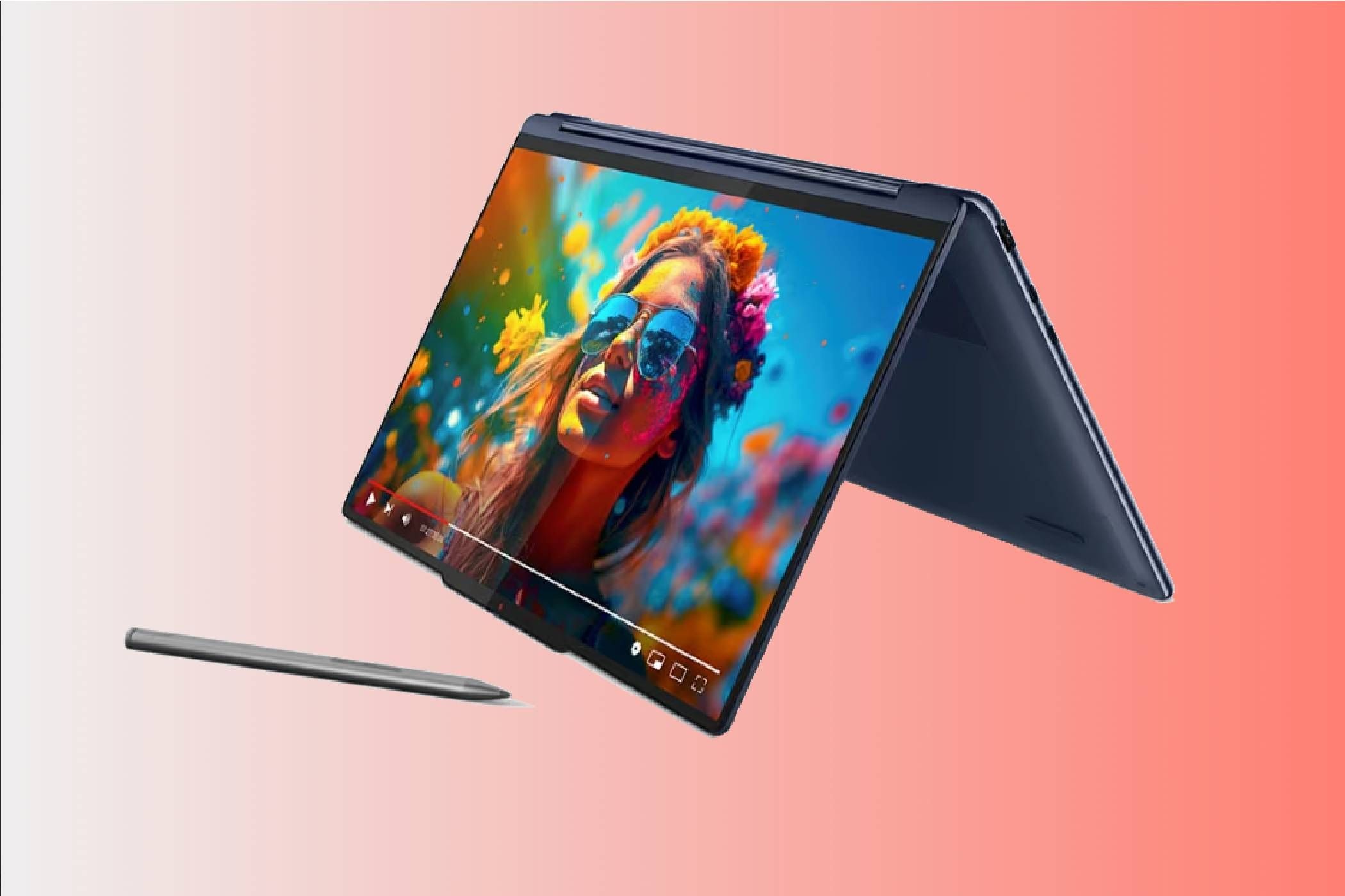 Lenovo Yoga 9i ở chế độ lều với bút stylus bên cạnh