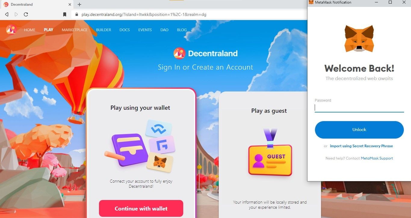 Liên kết ví MetaMask với nền tảng Decentraland