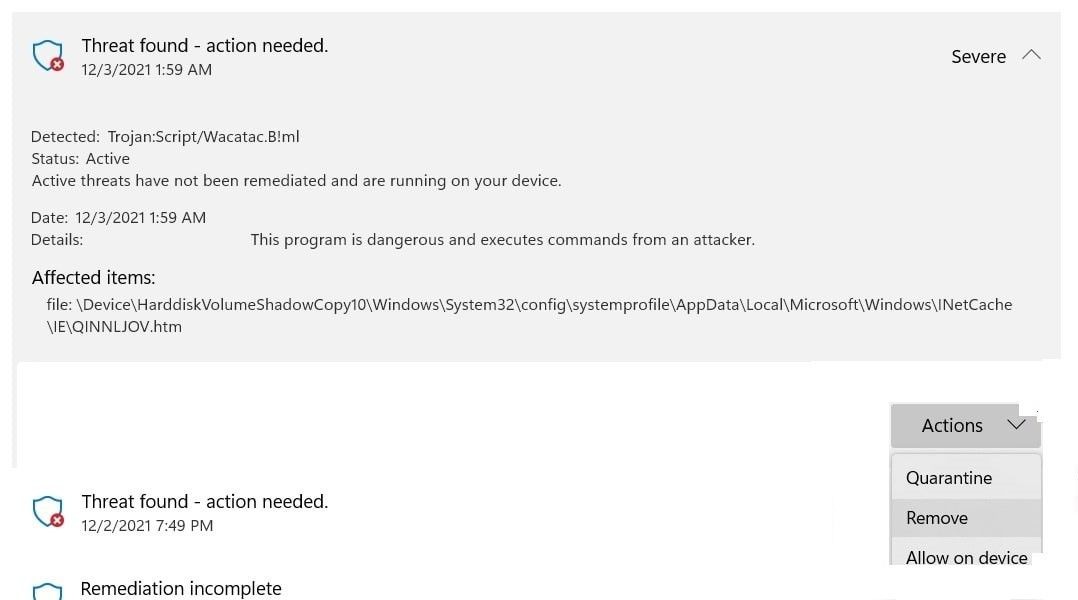 Loại bỏ mối đe dọa của Wacatac bằng cách nhấp vào nút Remove trong menu thả xuống Actions trong Protection History