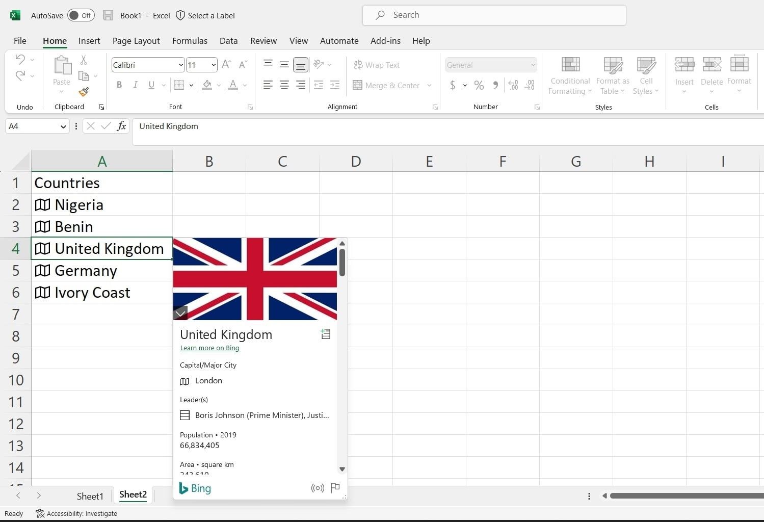 Loại dữ liệu địa lý trong Excel