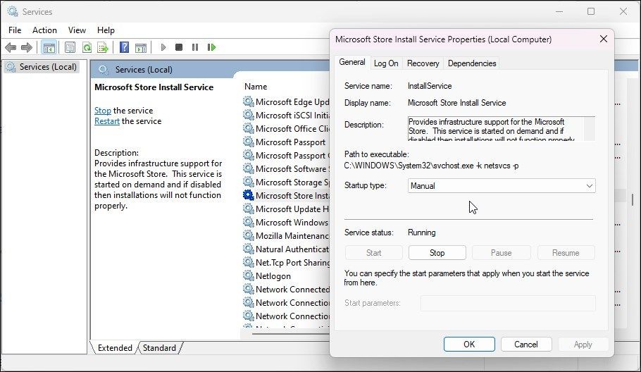 Loại khởi động của dịch vụ cài đặt Microsoft Store được đặt thành thủ công