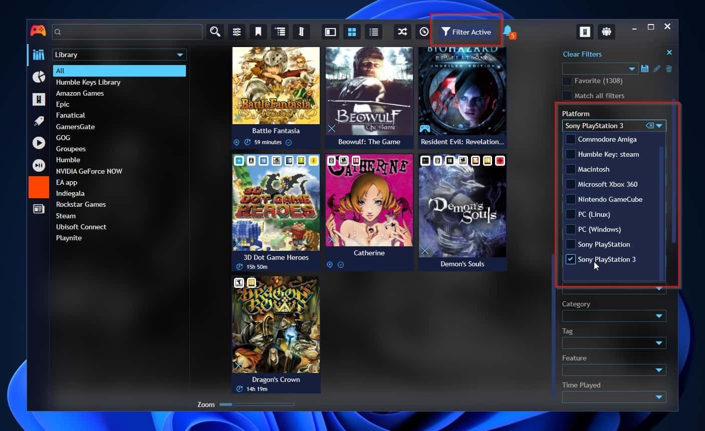 Lọc thư viện trò chơi xuống các tiêu đề của Sony PlayStation 3 trên Playnite
