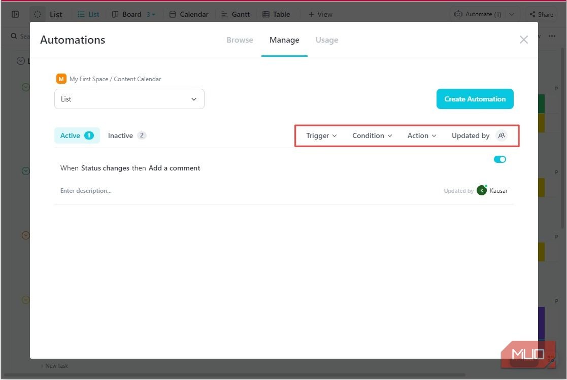 Lọc tự động hóa ClickUp theo bộ kích hoạt, điều kiện, hành động và cập nhật gần đây