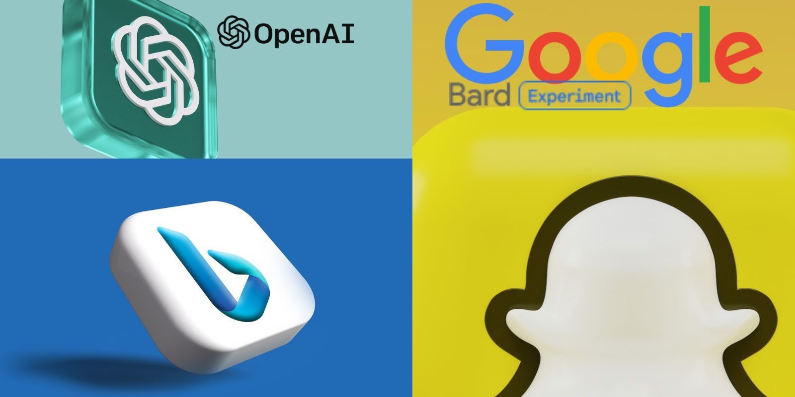 Logo của ChatGPT, Bard, Bing và Snapchat AI bên cạnh nhau