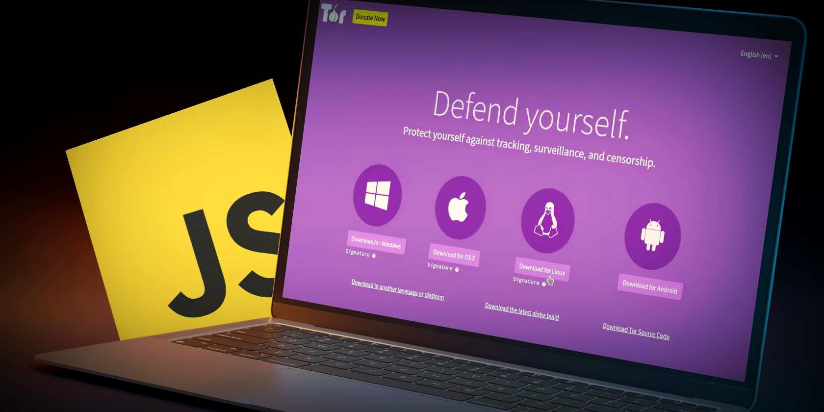 Logo JavaScript với trang Tor Browser mở trên laptop