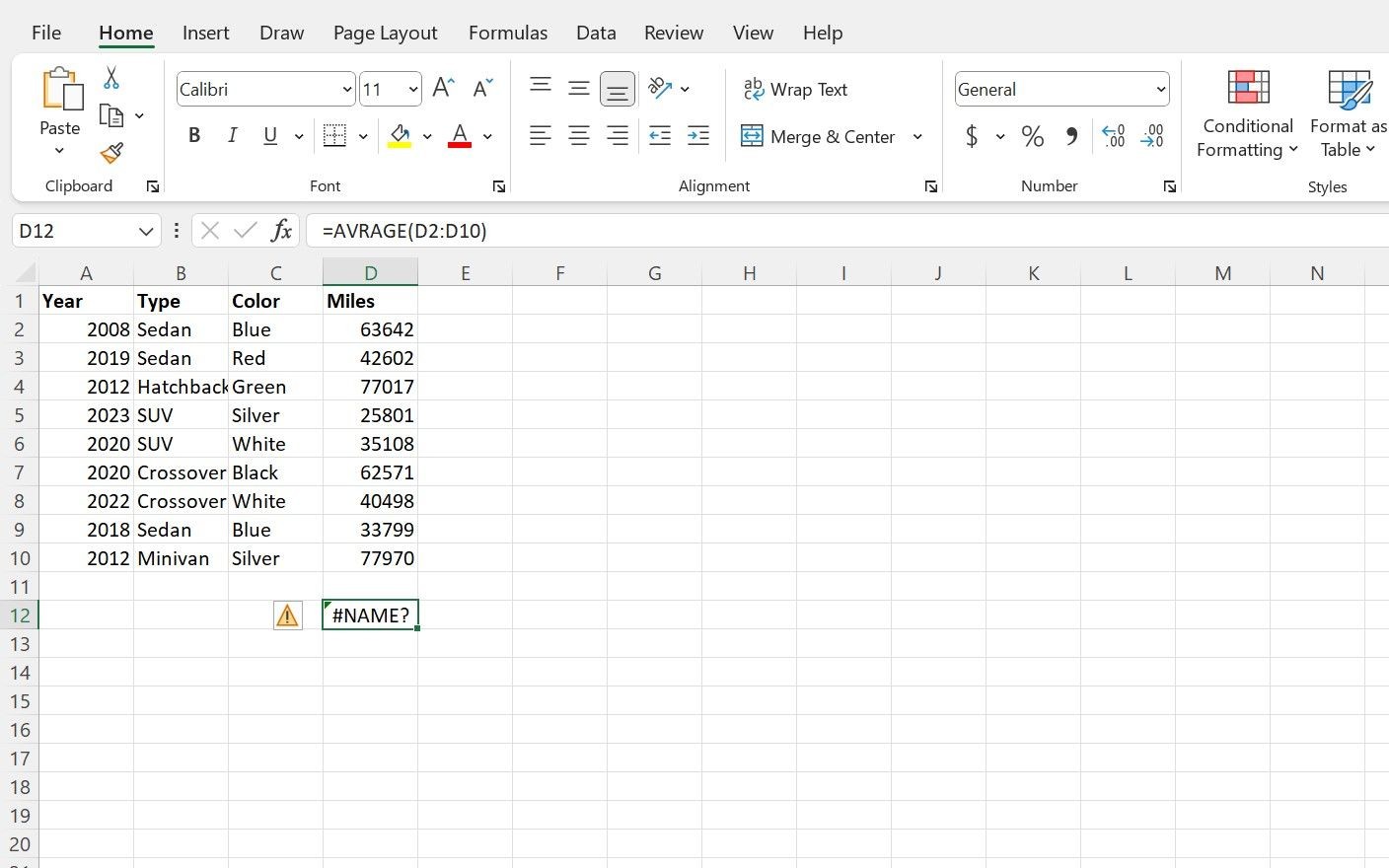 Lỗi #NAME? trong Microsoft Excel khi tên hàm AVERAGE bị đánh vần sai