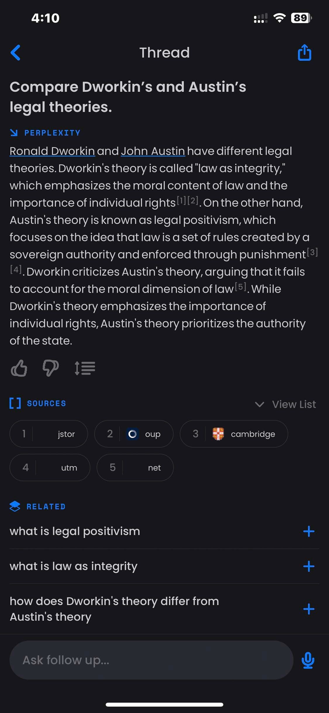 Luồng trò chuyện của ứng dụng AI Perplexity