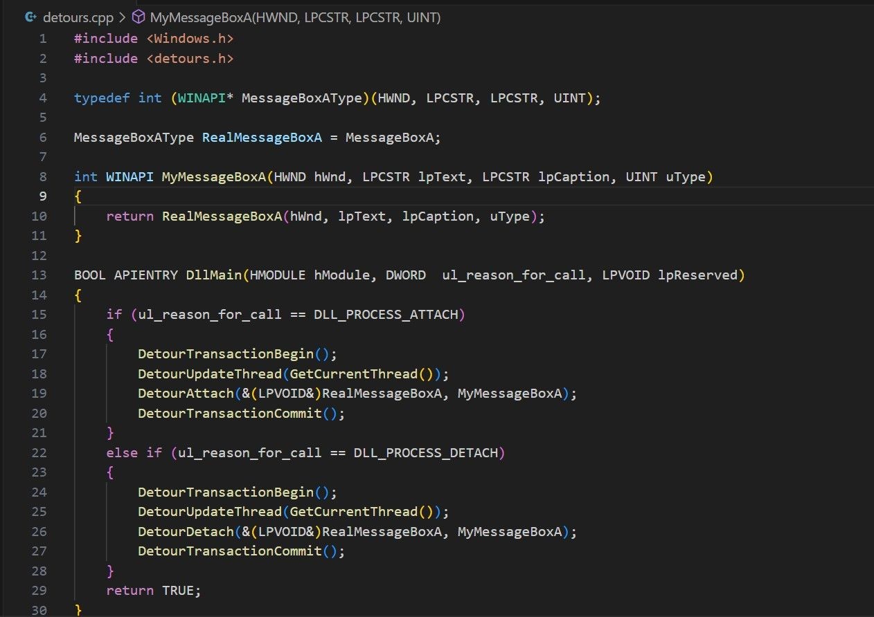 Mã C++ triển khai thư viện Detours
