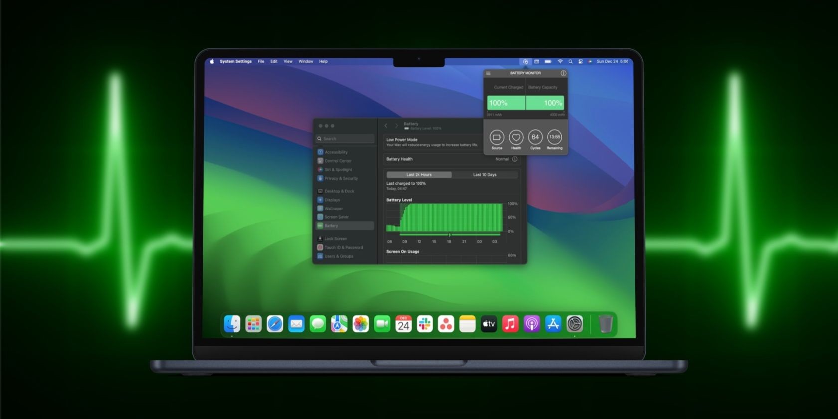 MacBook hiển thị trạng thái pin trong System Settings và thanh menu