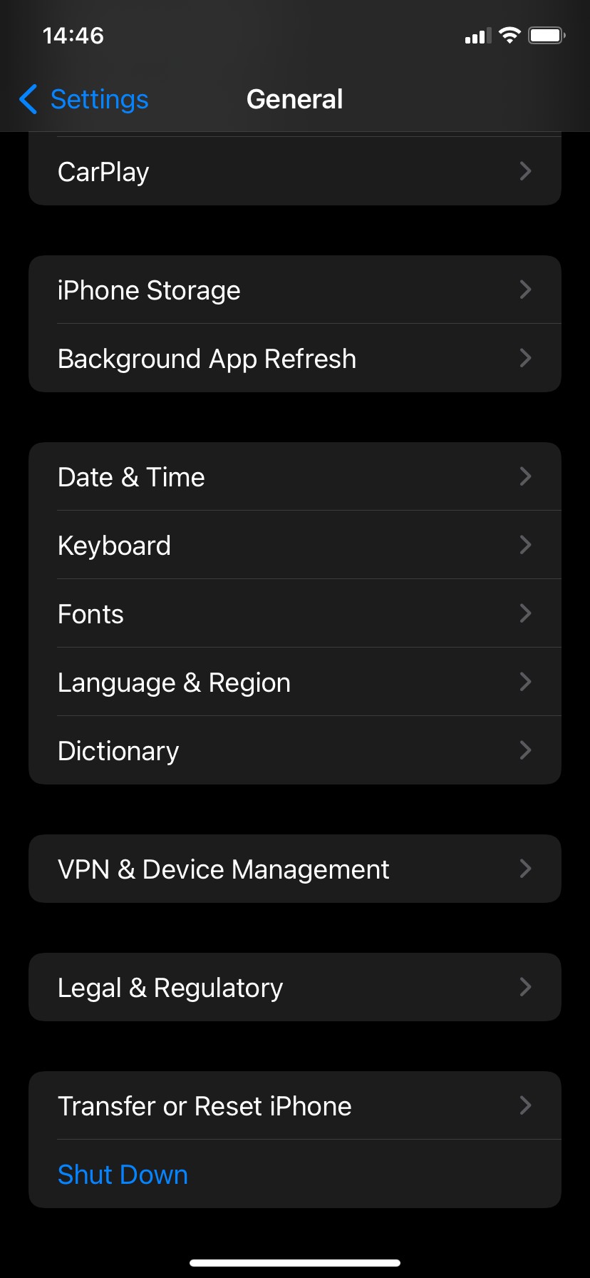 Màn hình cài đặt Chung trên iPhone.