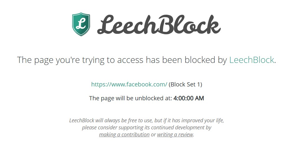 Màn hình chặn của LeechBlock trong Google Chrome