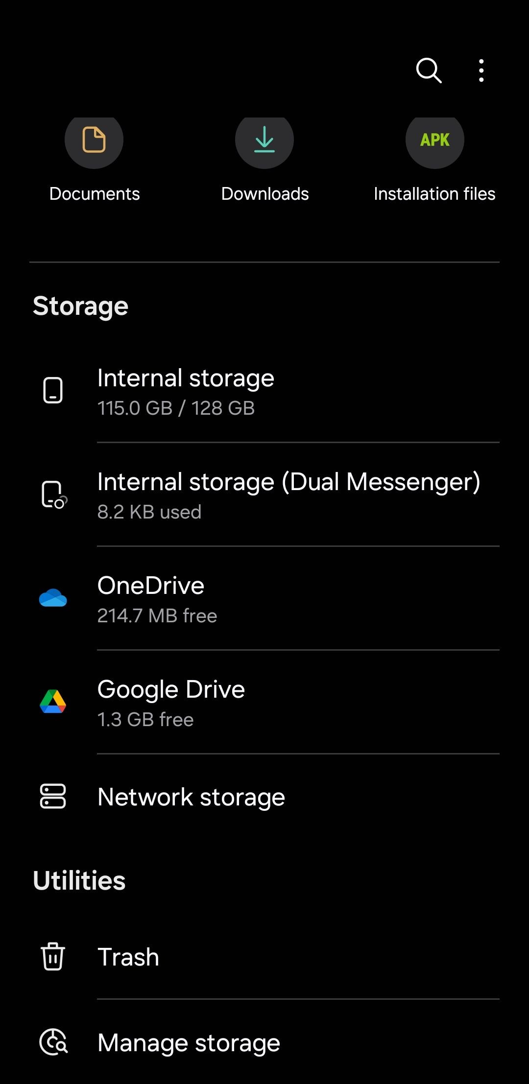 Màn hình chính của ứng dụng Tệp Samsung