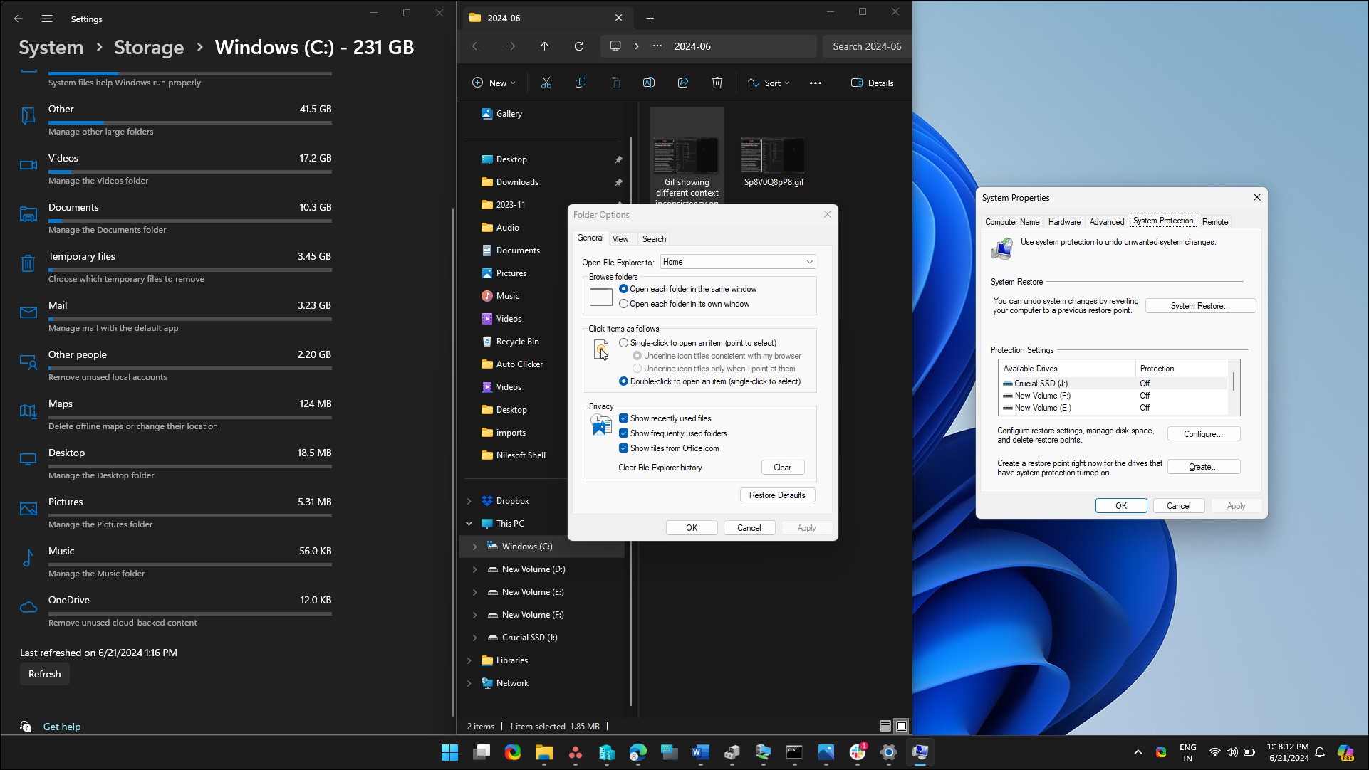 Màn hình desktop Windows 11 hiển thị sự không đồng nhất thiết kế trong Cài đặt, File Explorer và Ứng dụng Cũ
