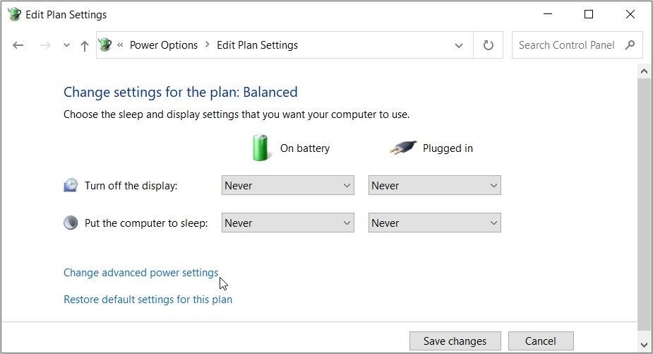 Màn hình Edit Plan Settings trên Control Panel