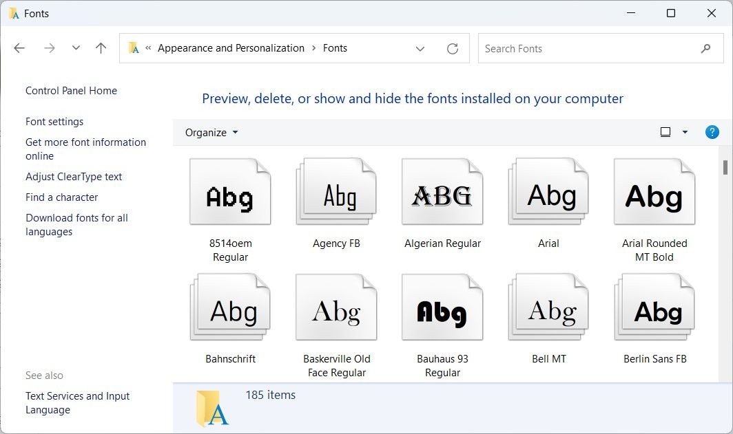 Màn hình Font chữ trong Bảng điều khiển trên Windows