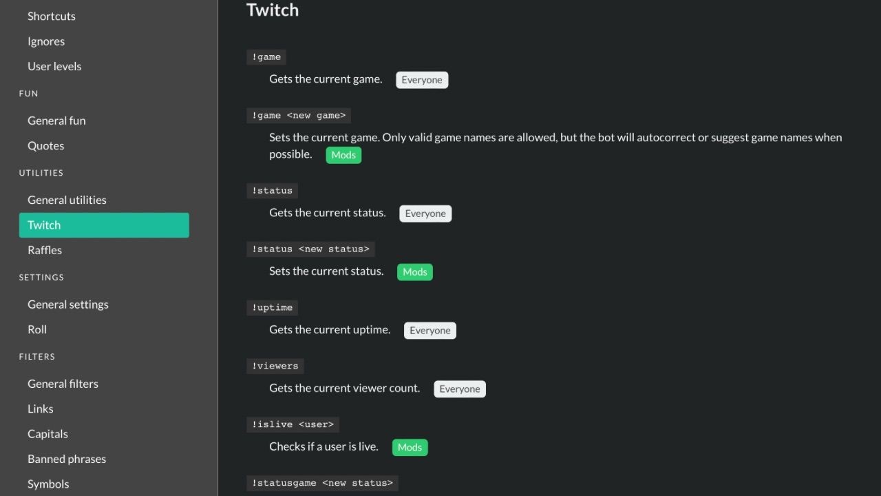 Màn hình lệnh Twitch của CoeBot