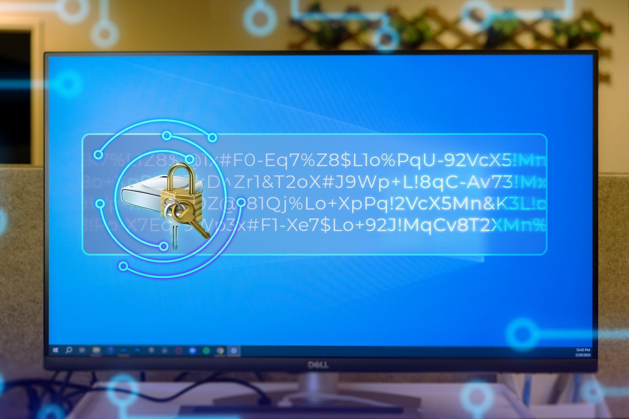 Màn hình máy tính với Windows 11 và biểu tượng BitLocker ở giữa với một số mã